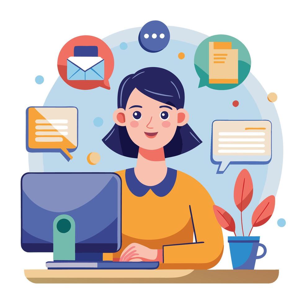a woman is working on a computer with a bunch of icons around her vector