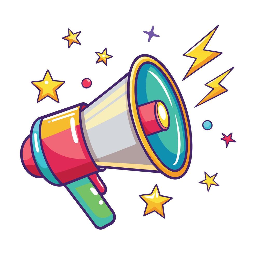 a colorful megaphone with stars and lightning, vector