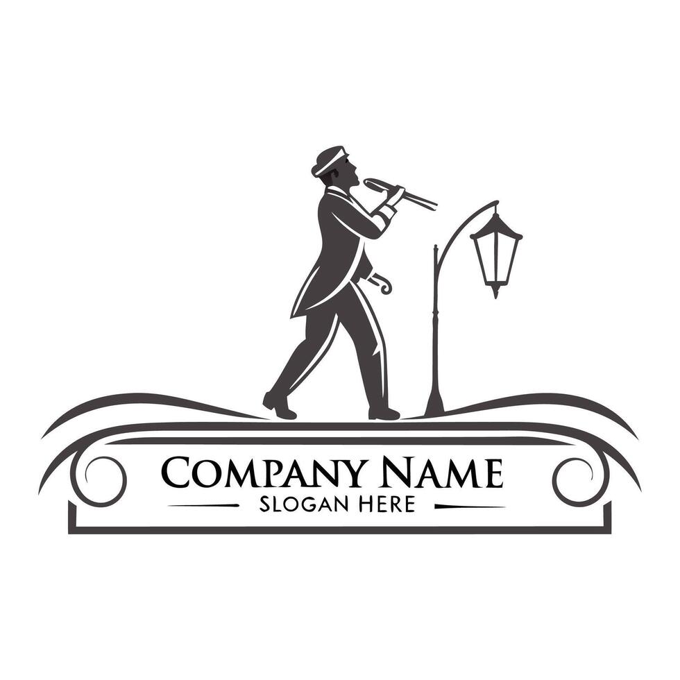 a man in a suit walking with a lantern and a sign that says company name vector