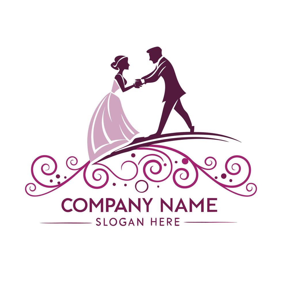 a bride and groom are holding hands and dancing in front of a wedding logo vector