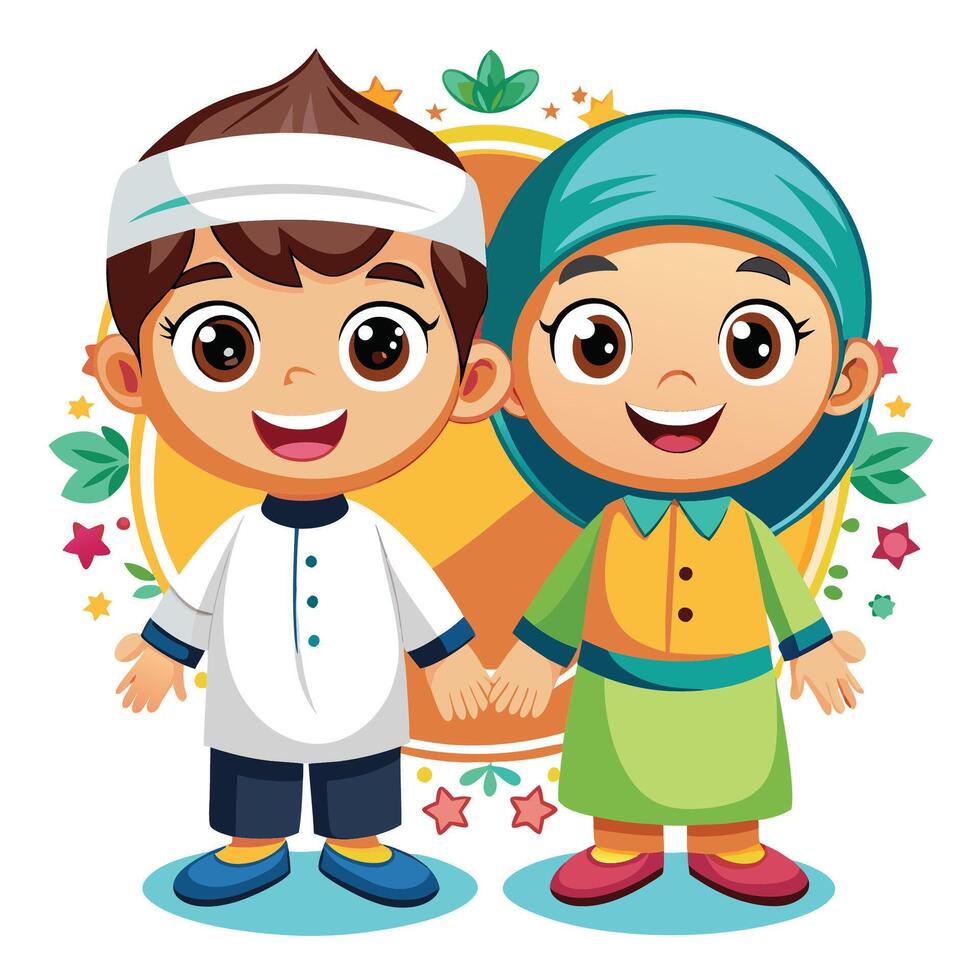 cartoon muslim boy and girl holding hands, vector