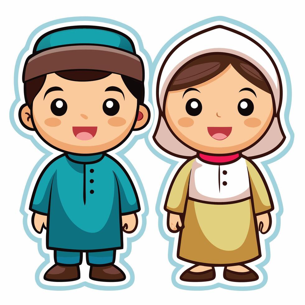 muslim boy and girl in clothes white background vector