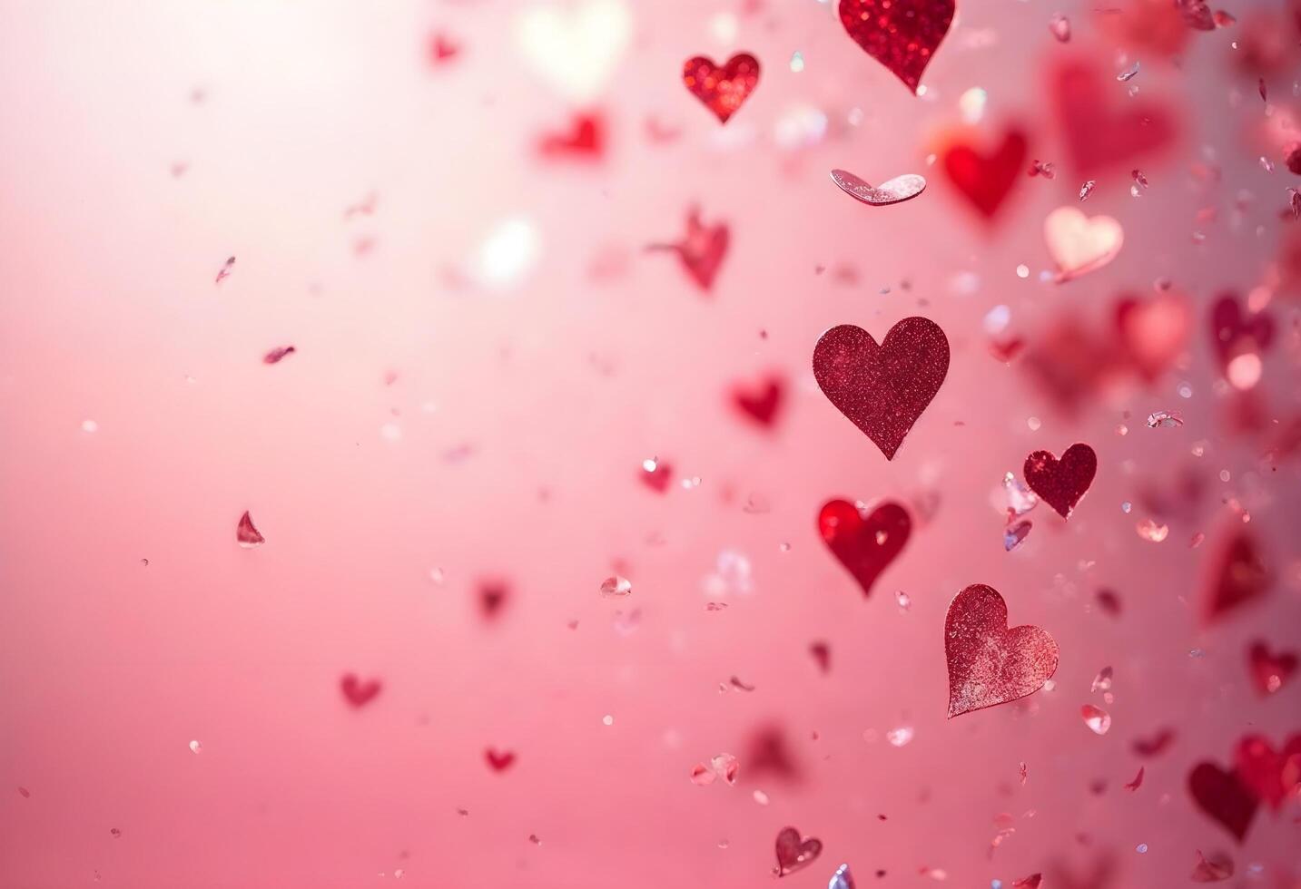 A cascade of heart-shaped confetti in shades of red and pink, gently falling against a pastel pink background, ideal for a wedding invitation design. photo