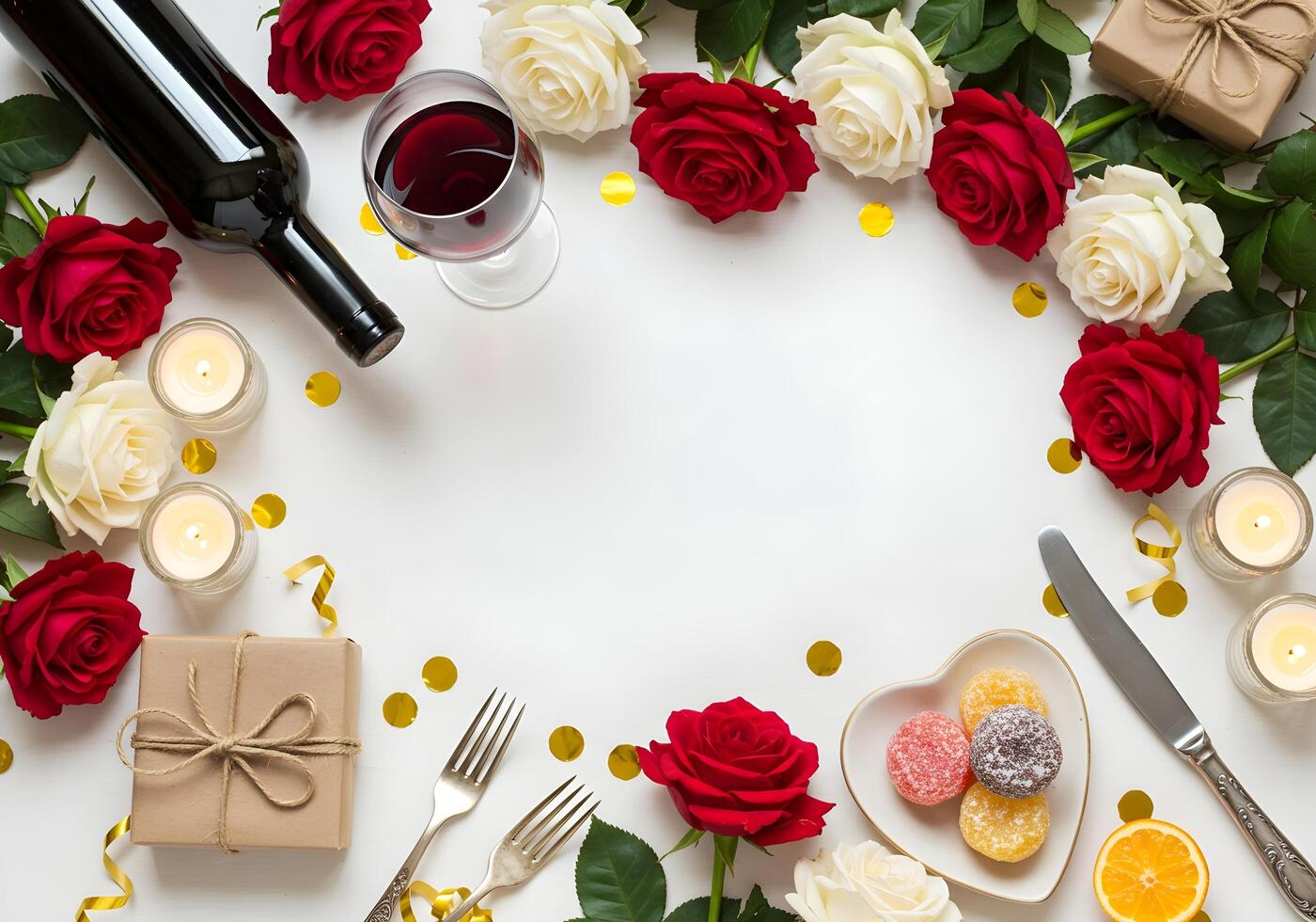 Top view surrounded by mixed roses in red and white, a rustic gift box with a twine bow, a heart-shaped saucer filled with homemade candies, antique cutlery, flickering candles golden photo