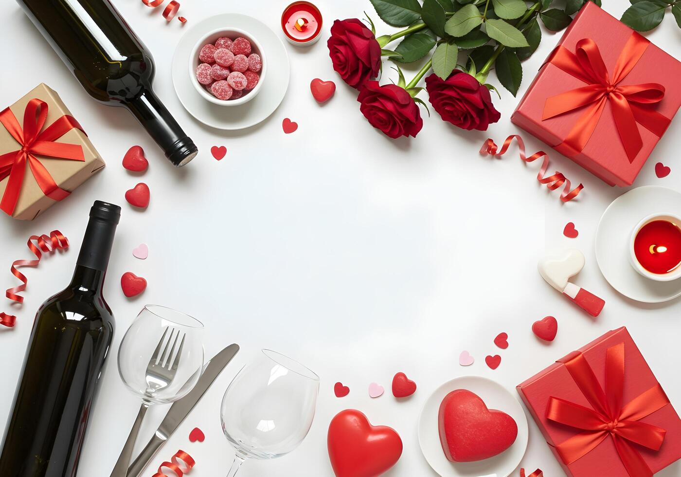 Valentine's Day concept. Top view vertical photo of wine bottle wineglass roses giftbox heart shaped saucer candies cutlery candles confetti on isolated white background