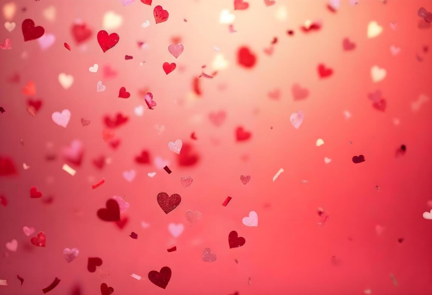 Vibrant heart confetti swirling downwards over a bright pink background, with some hearts glimmering as if reflecting light, perfect for a romantic greeting card photo