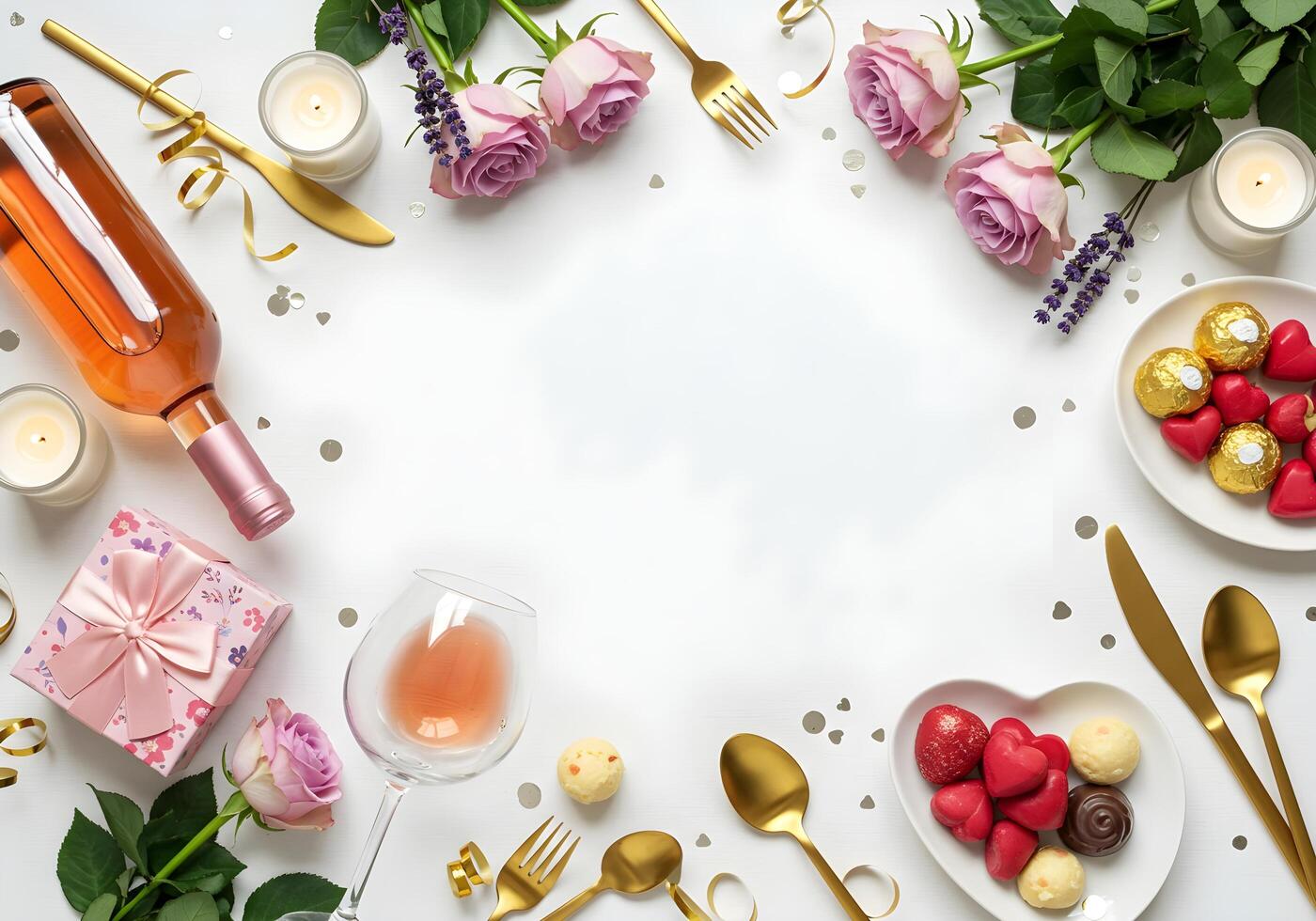 Surrounded by lavender roses, a floral gift box with a matching ribbon, a heart-shaped saucer filled with assorted chocolates, elegant gold cutlery, soft candles, silver confetti on a clean photo
