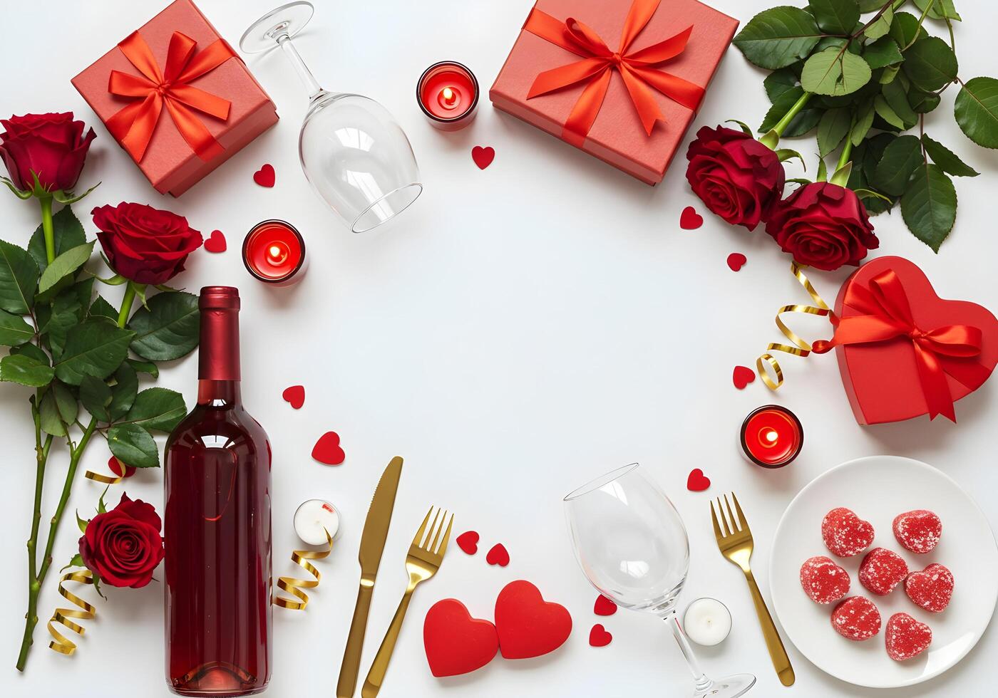 Valentine's Day concept. Top view vertical photo of wine bottle wineglass roses giftbox heart shaped saucer candies cutlery candles confetti on isolated white background with empty space in the middle