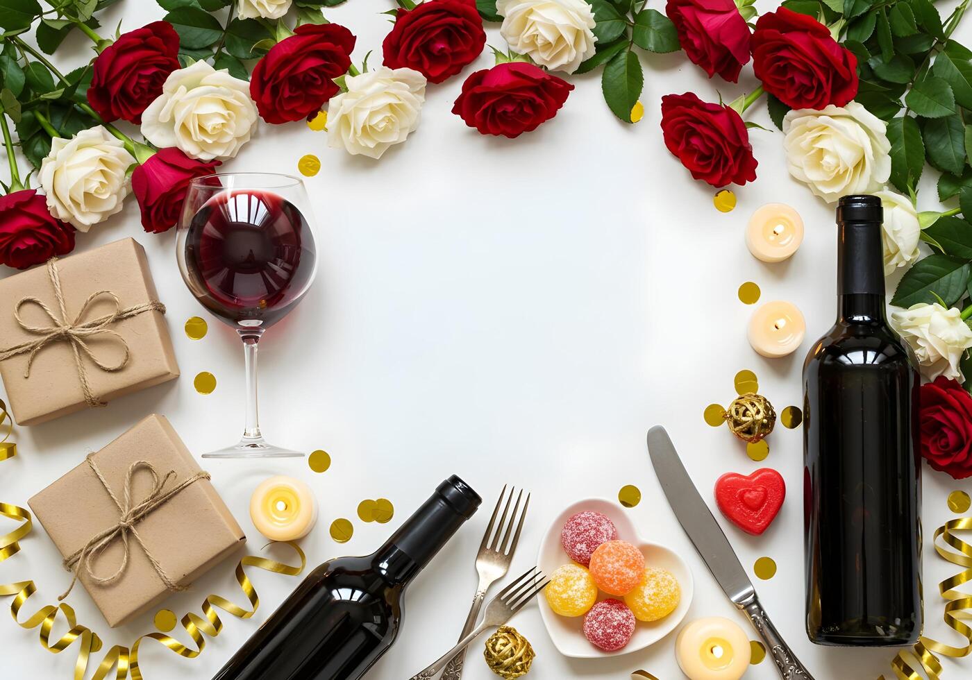 Top view vertical photo of a classic red wine bottle and a vintage wine glass filled with red wine, golden confetti on a soft white background