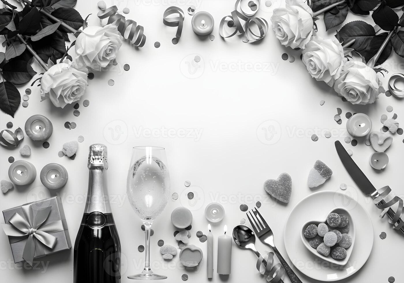 Top view vertical photo of a sparkling wine bottle and a frosted wine glass filled with sparkling wine black white style
