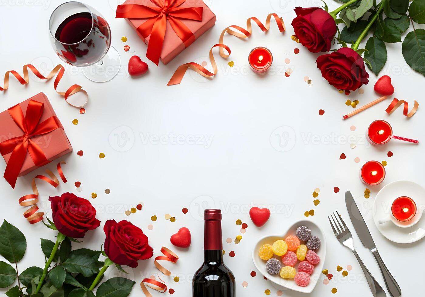 Top view vertical photo of a red wine bottle and a filled wine glass with a stem, surrounded by red roses, a gift box wrapped in red ribbon, a heart-shaped saucer filled with assorted candies
