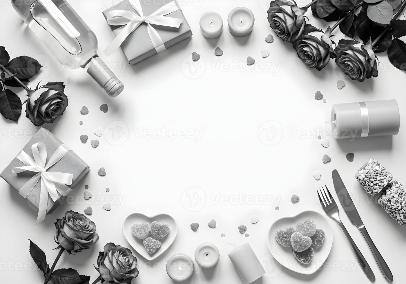 The black white style top view vertical photo of a classic white wine bottle and a clear wine glass filled with white wine, surrounded by blue roses