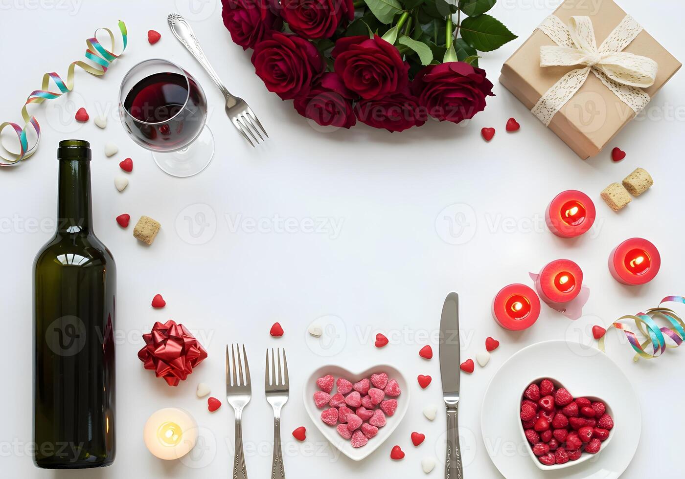 Top view vertical photo of a vintage wine bottle and a wine glass with a stem filled with red wine, arranged with deep red roses, a gift box with a lace ribbon, a heart-shaped saucer filled with heart