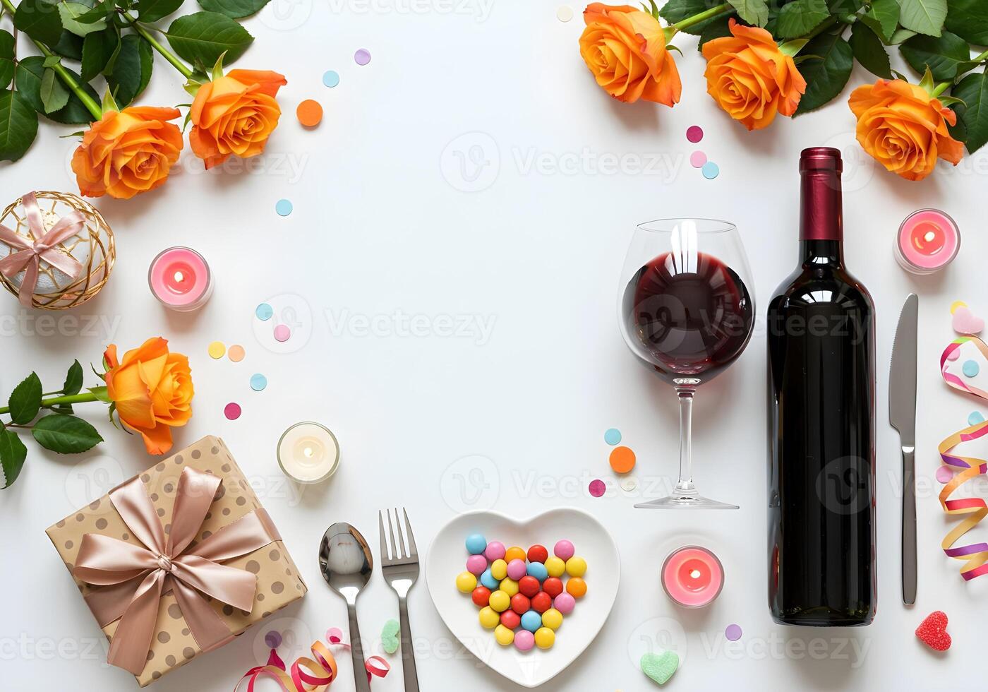 Top view vertical photo of a bold red wine bottle and a modern wine glass filled with dark red wine, surrounded by orange roses, a patterned gift box with a satin ribbon