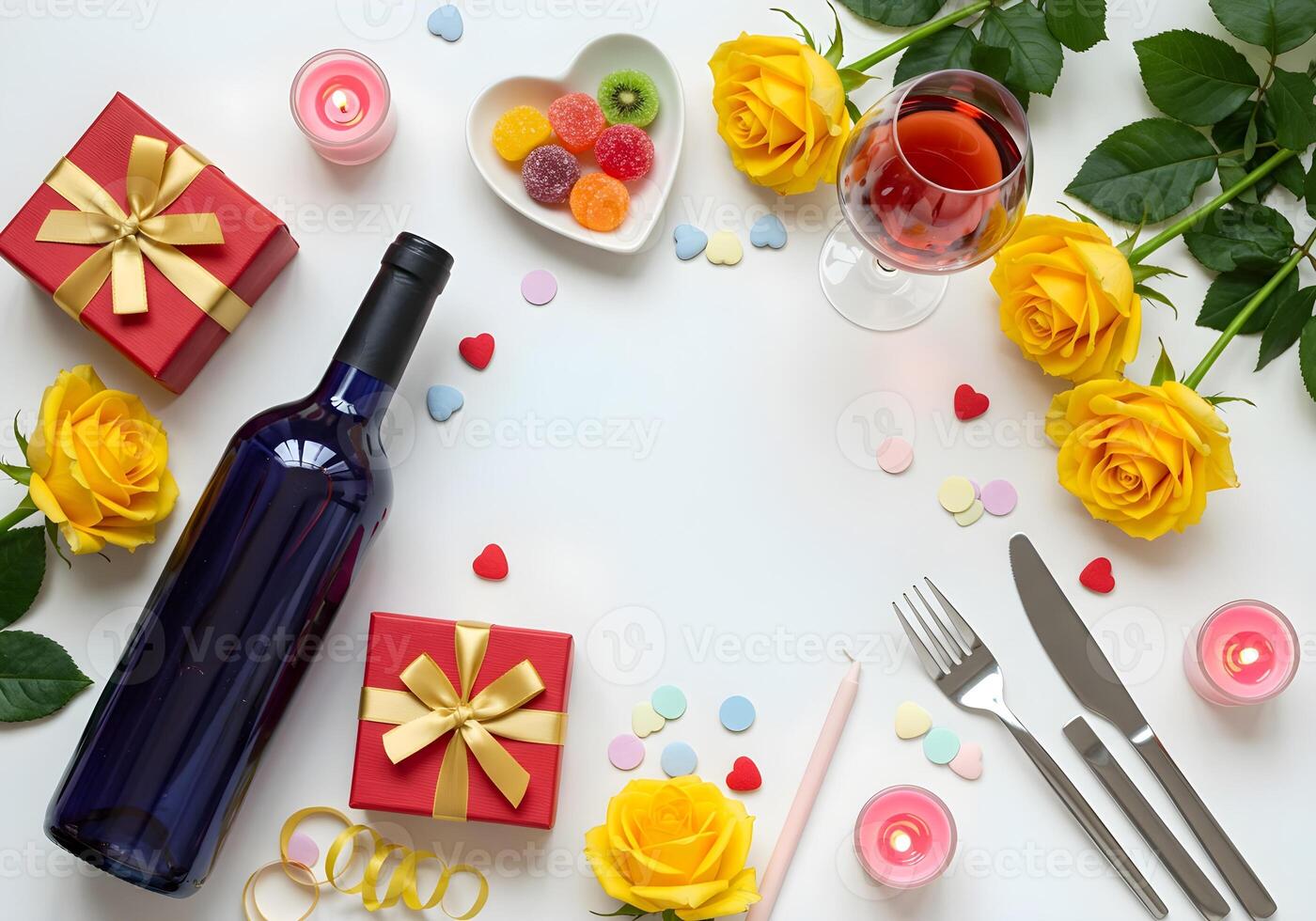 Top view vertical photo of a deep purple wine bottle and a clear wine glass filled with rose