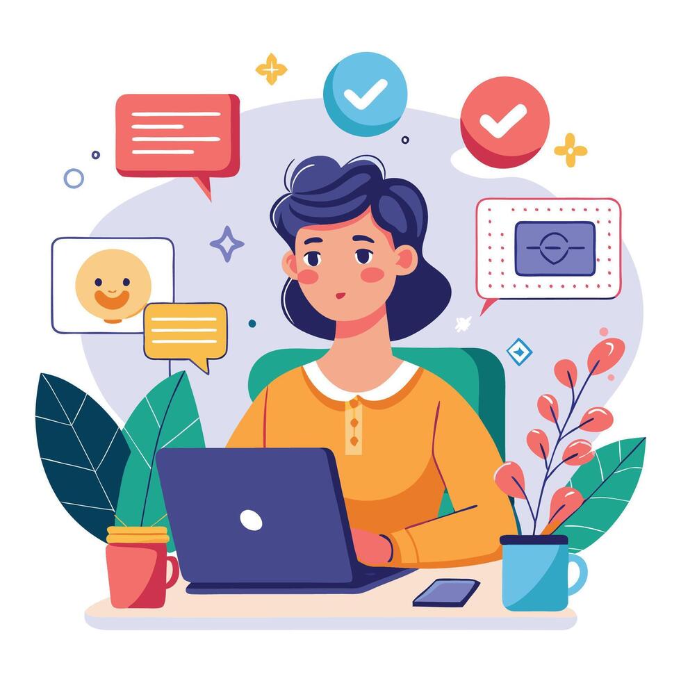 a woman is working on her laptop and talking to people, vector