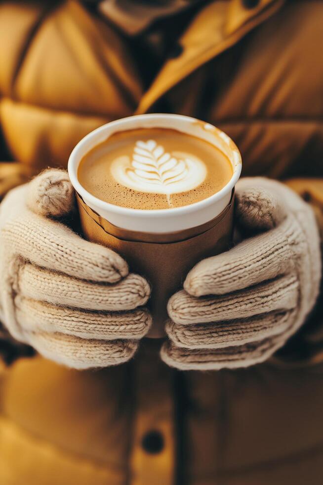 Close-up of hands in cozy knitted gloves holding a paper cup of coffee with delicate latte art, set against a warm mustard winter jacket, evoking comfort and warmth photo