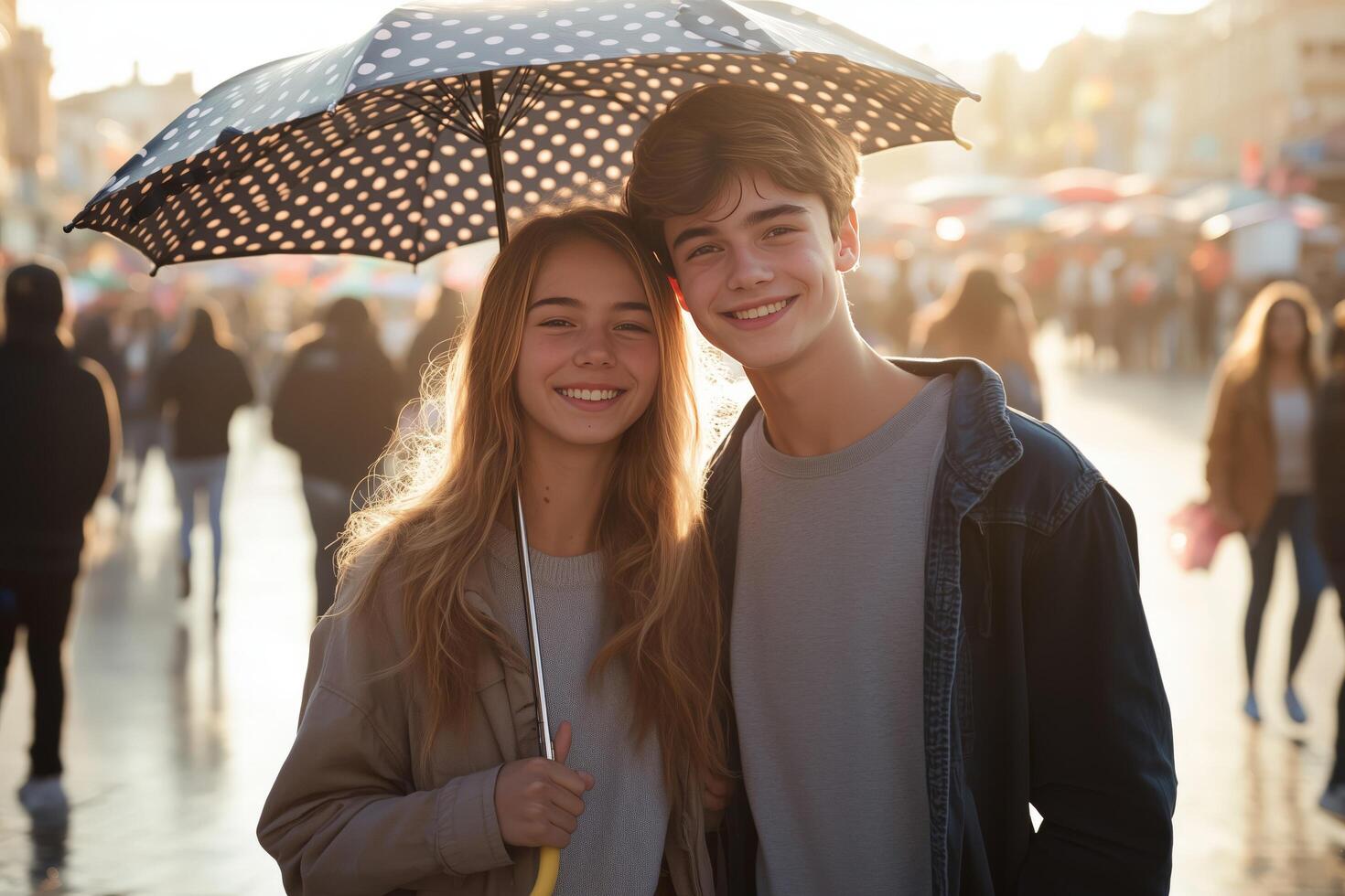 A smiling young couple standing under a navy polka dot umbrella in a sunny city square, with a vibrant and bustling atmosphere in the background photo