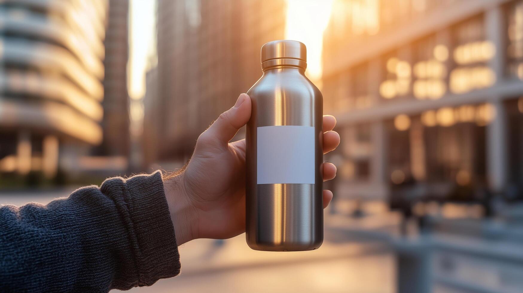 A sleek matte metallic bottle with a blank white label held by a hand, framed by an urban sunset backdrop, creating a stylish and modern look photo