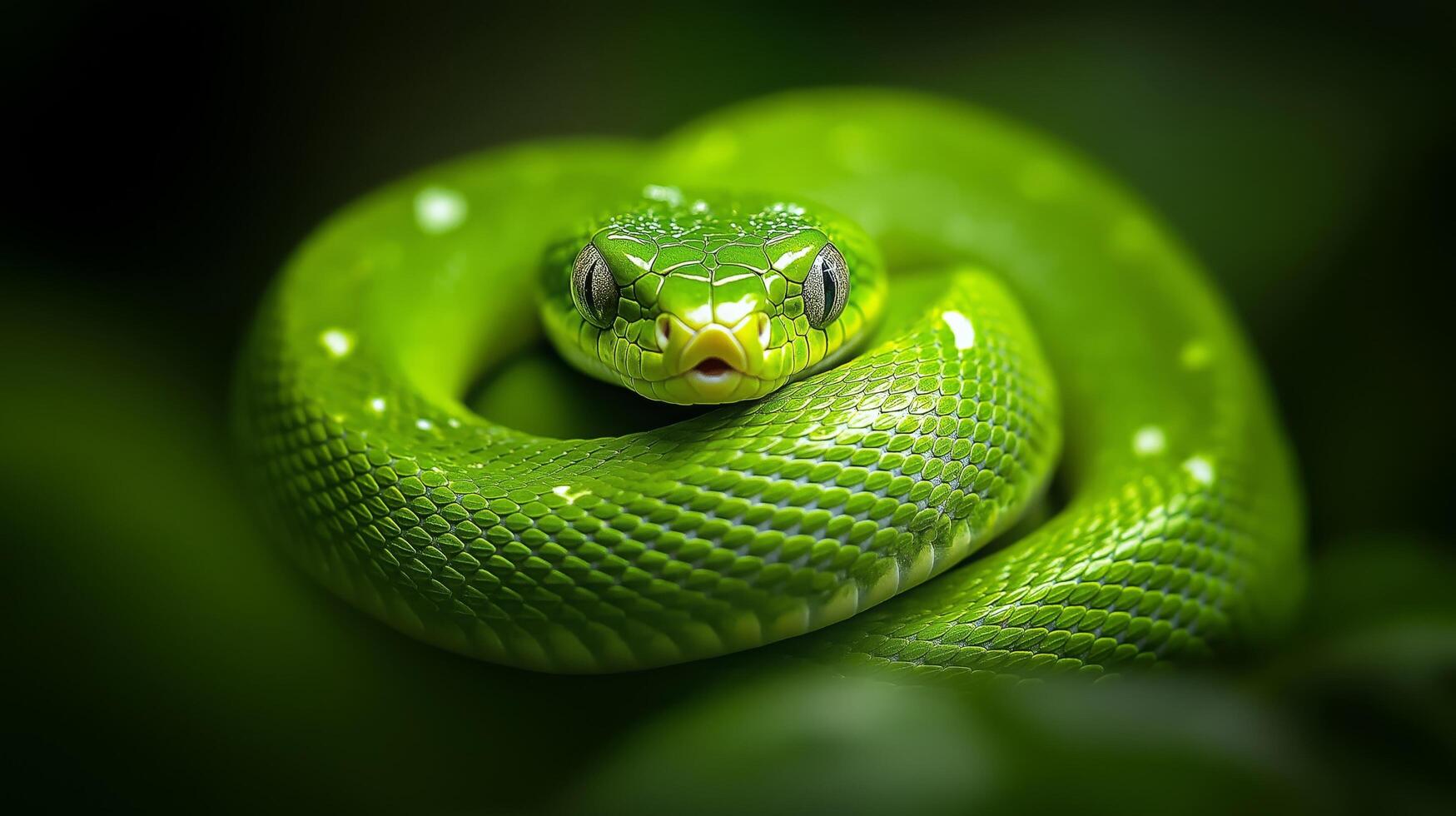 A highly detailed close-up of a vibrant green snake coiled up, showcasing its glossy scales and intense eyes, evoking a sense of wild nature, danger, and beauty photo