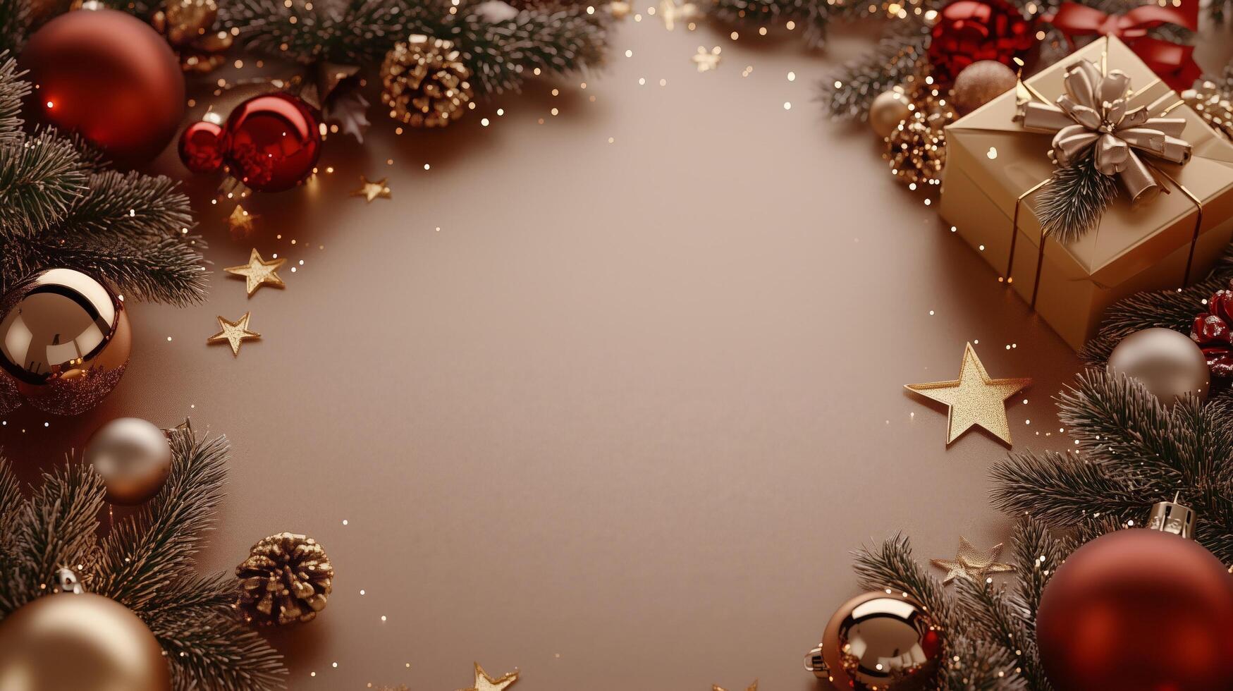 Elegant Christmas frame with gold and red decorations, pine branches, ornaments, stars, and a wrapped gift box on a soft background, creating a luxurious holiday border photo