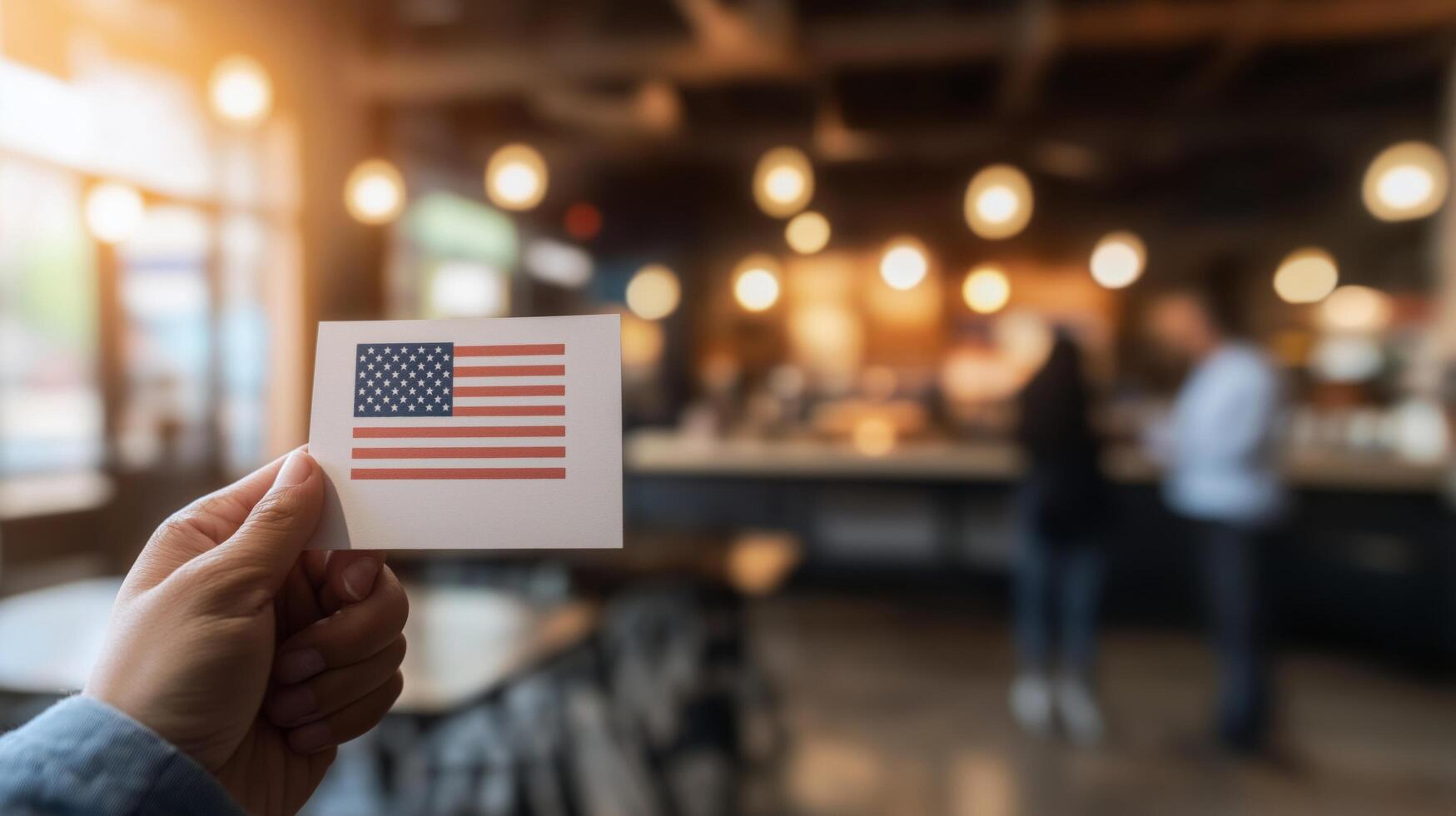A hand holding a card with the U.S. flag, blurred background with warm lighting. photo