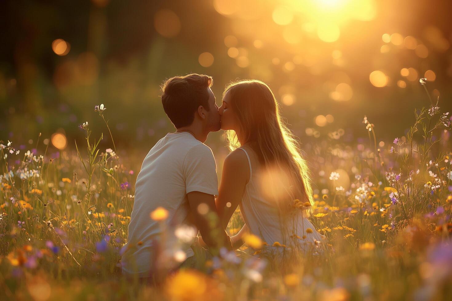 A romantic couple sharing a tender kiss in a vibrant meadow at sunset, surrounded by glowing wildflowers and warm golden light photo