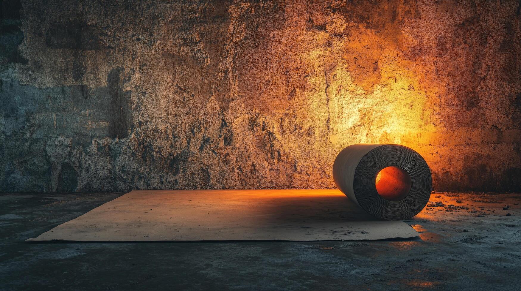 A large roll of industrial sandpaper on a concrete floor with a textured wall in a dimly lit industrial setting, highlighted by a warm light, creating a dramatic and moody atmosphere photo