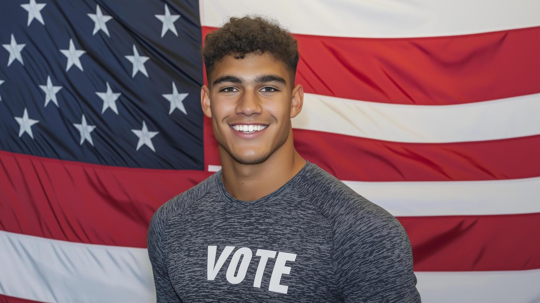 A portrait of a young man smiling confidently while standing in front of the USA flag wearing a shirt with VOTE written on it, encouraging political participation and patriotism photo