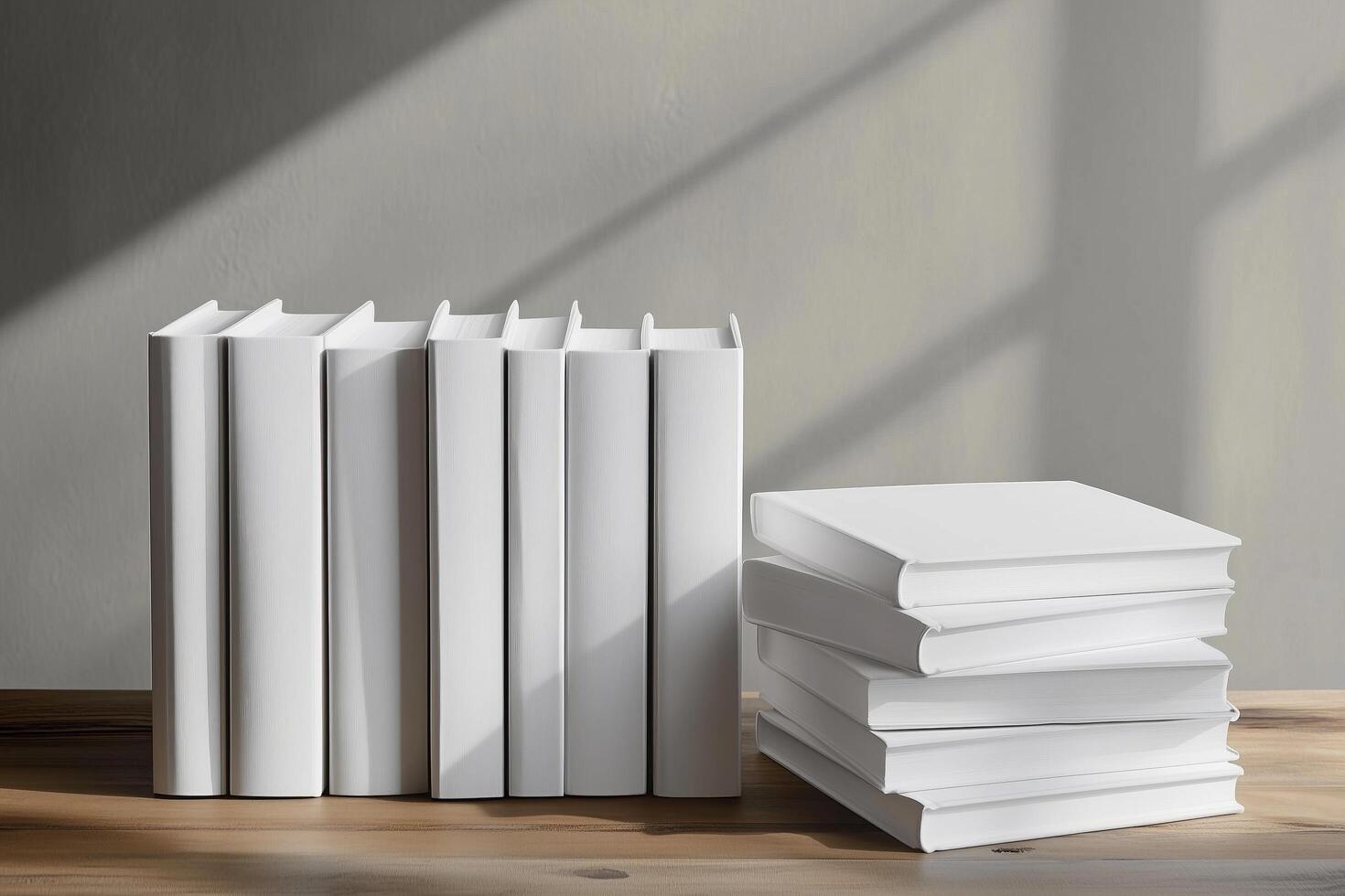 Two minimalist stacks of white hardcover books, one standing upright and the other lying flat, illuminated by soft natural light on a wooden surface photo