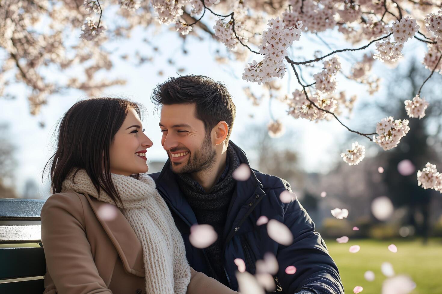 A smiling couple sitting on a park bench under blooming cherry blossoms, enjoying a sunny spring day with falling petals around them photo