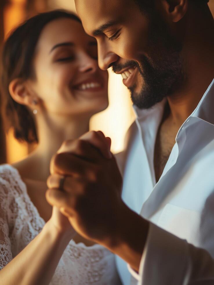 A smiling couple sharing a heartfelt dance, hands intertwined, dressed in soft white attire, with a warm golden glow emphasizing the romantic and tender moment photo