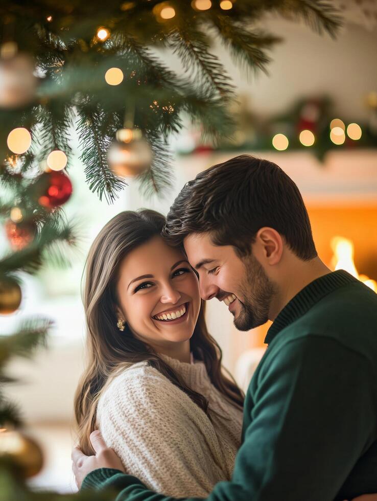 A romantic couple embracing near a beautifully decorated Christmas tree, with festive lights and ornaments in the background, creating a cozy and joyful holiday atmosphere photo