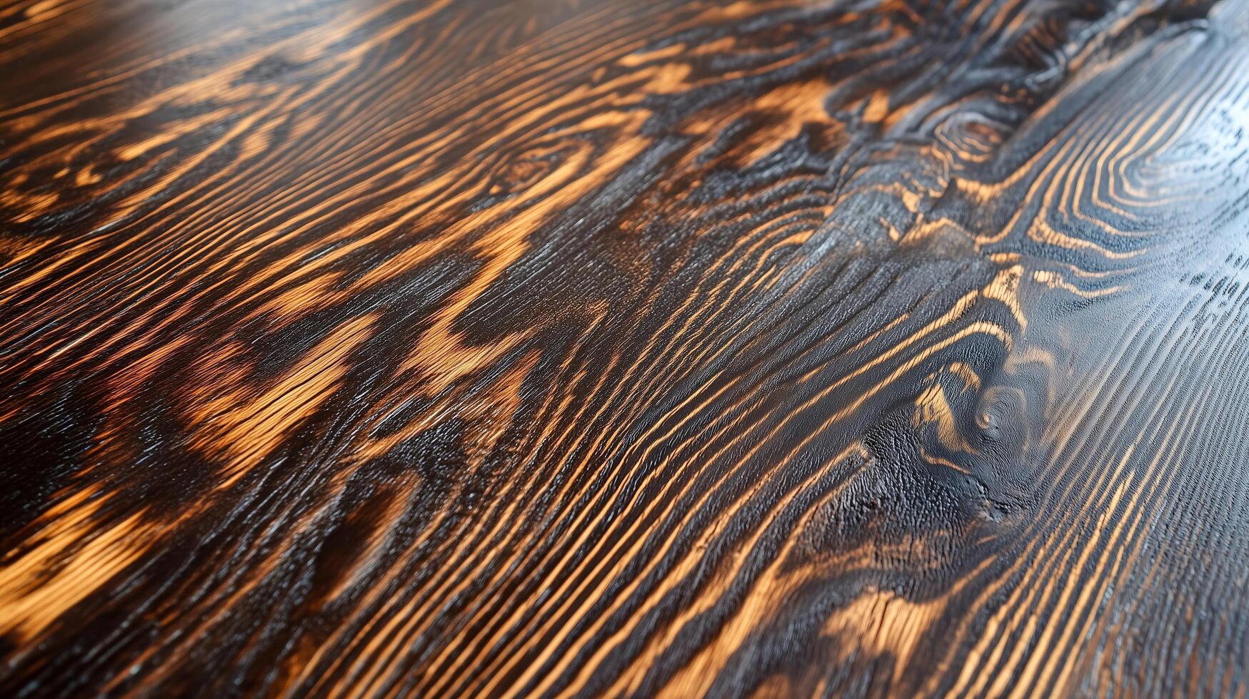 A close-up of polished black wood with golden grain patterns, creating a luxurious and vibrant natural texture photo