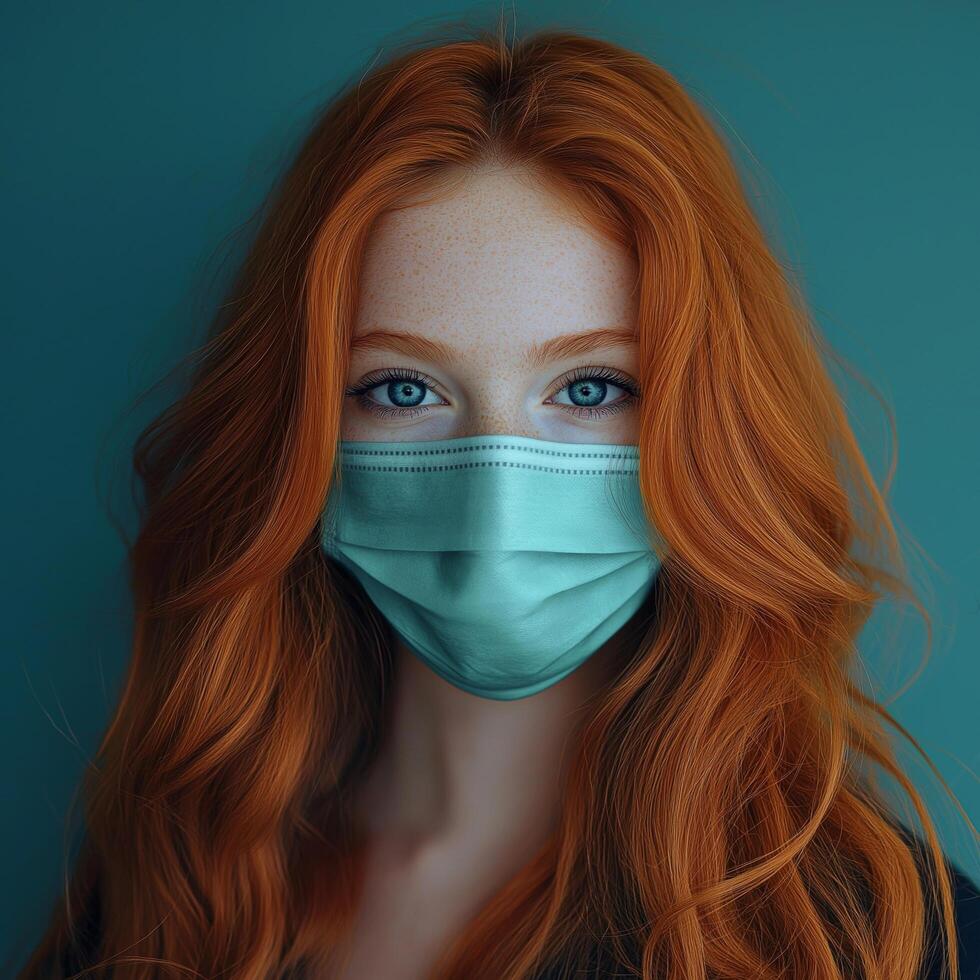 A striking portrait of a young woman with long wavy red hair, wearing a teal face mask, set against a teal background, highlighting her bright blue eyes and creating a bold contrast photo