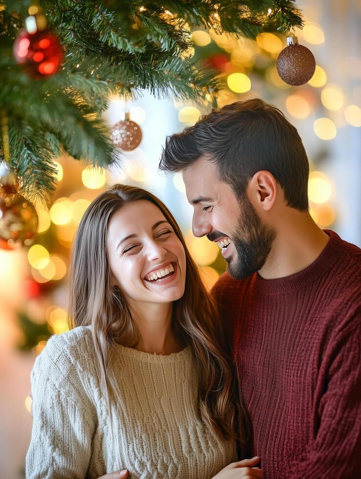 A joyful couple smiling under a beautifully decorated Christmas tree, with golden ornaments, festive lights, and a warm holiday atmosphere in the background photo