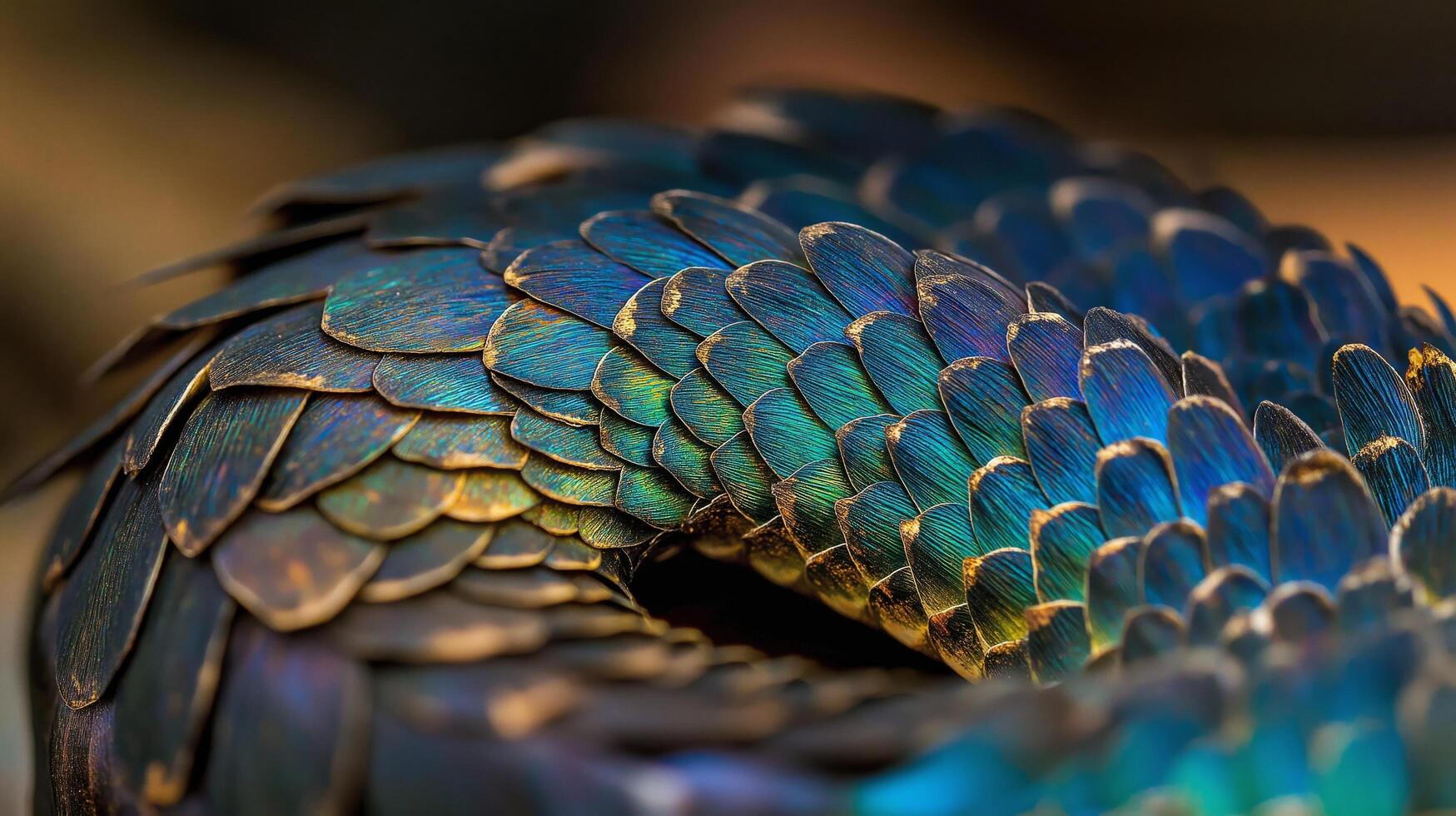 A highly detailed close-up of snake scales with iridescent hues of blue, green, and gold, showing the intricate texture and layered structure of the reptile's skin photo