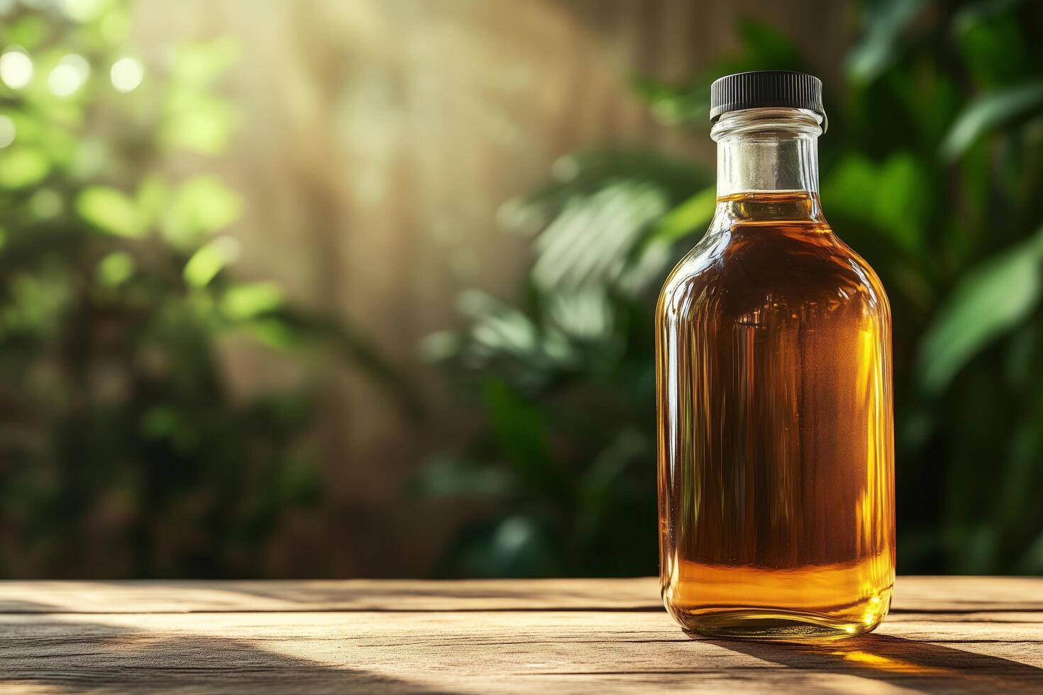 A glass bottle mockup with a black screw cap, filled with amber liquid, on a wooden table against a blurred green background, bathed in warm sunlight, creating a serene, organic atmosphere. photo