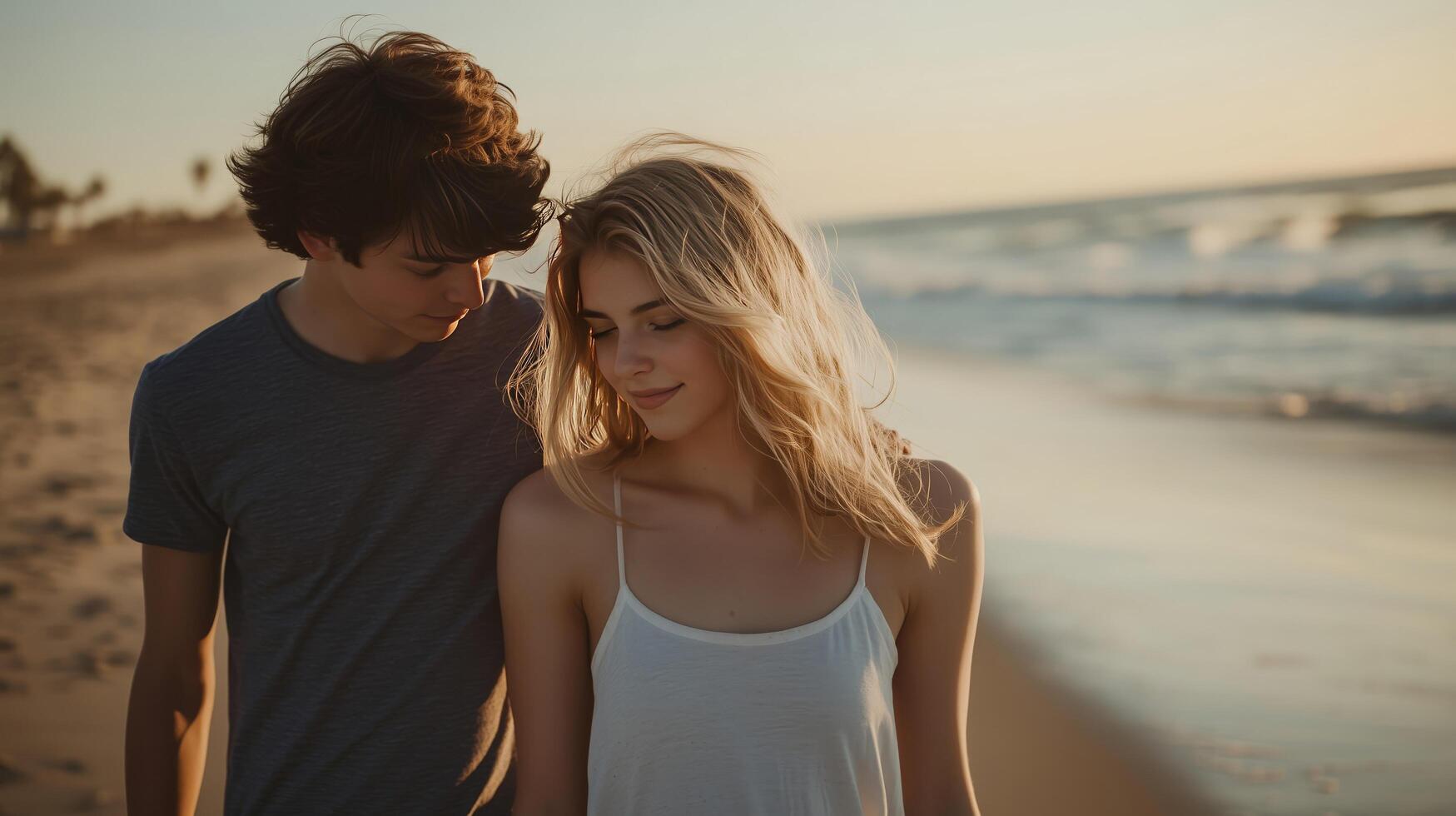 A young couple walking quietly along the beach during sunset, with the soft golden light and gentle waves creating a serene and romantic atmosphere photo