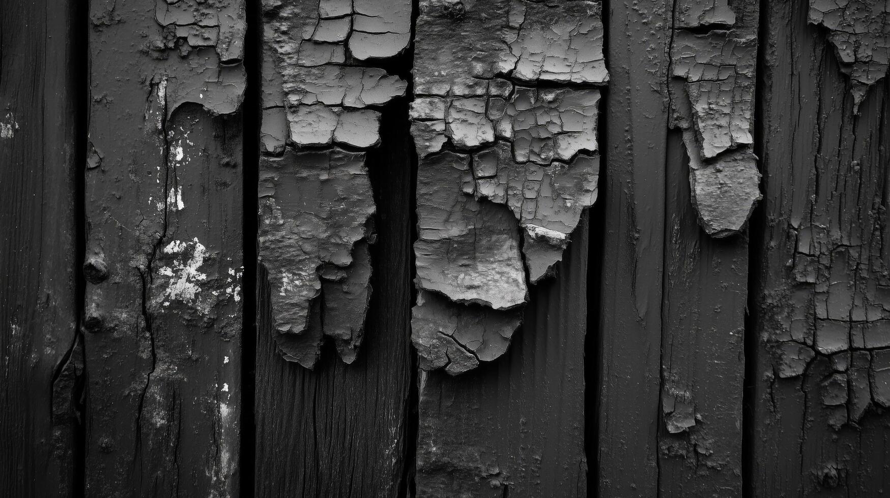 A close-up of weathered black wood with cracked peeling paint, showcasing texture and rustic decay in monochrome tones photo