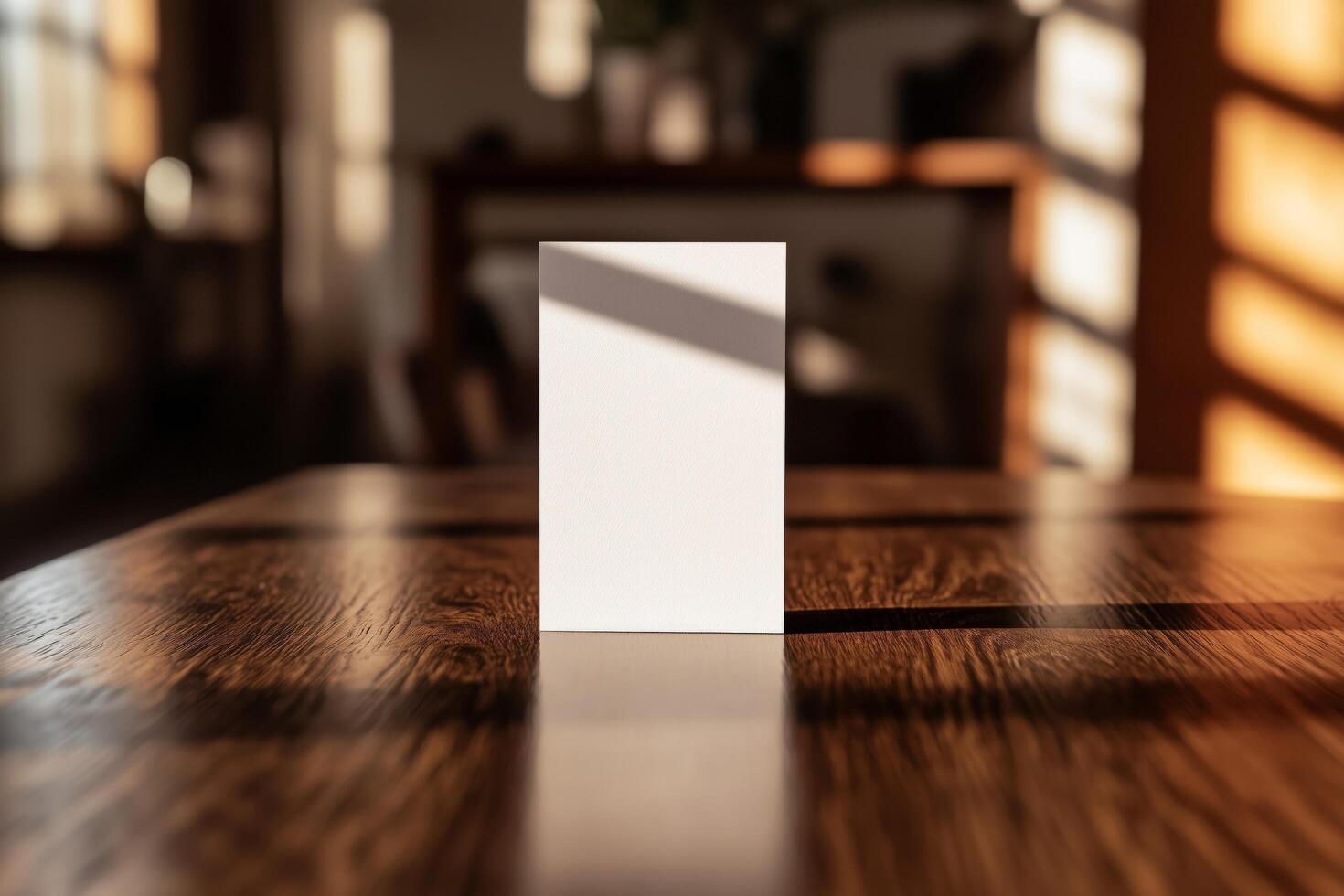 Vertical business card mockup on a polished wooden table, lit by warm natural light, with a blurred cozy home interior backdrop, offering a professional and inviting aesthetic. photo