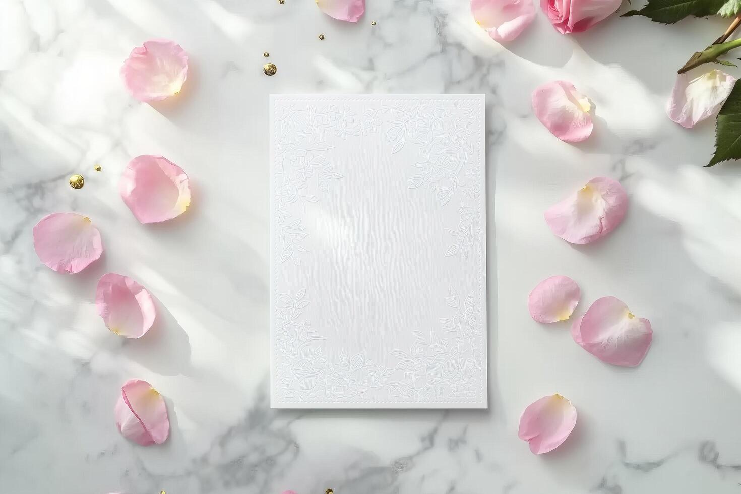 A flat lay of an embossed bridal shower invitation mockup with intricate floral border designs, surrounded by pink rose petals, golden accents, and soft natural lighting on a marble surface photo
