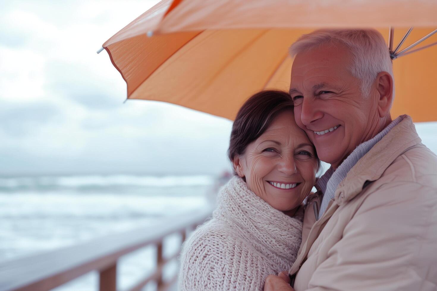 A joyful senior couple embracing under a warm orange umbrella on a coastal boardwalk, with gentle waves in the background photo