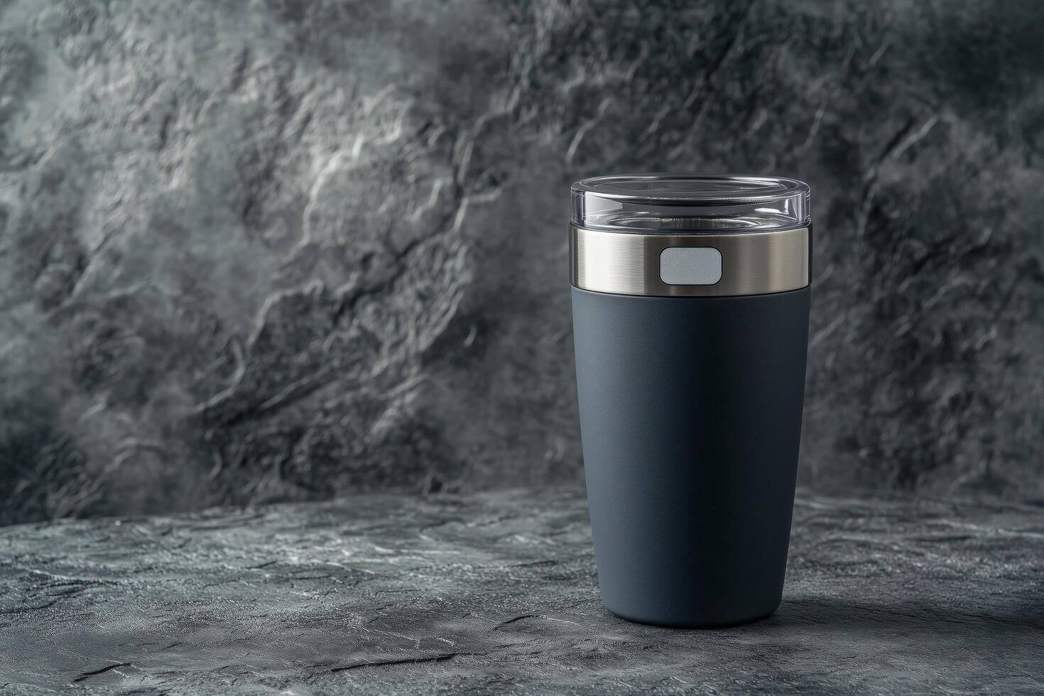 A sleek stainless steel tumbler with a transparent lid, placed on a textured dark surface with a minimalist aesthetic, perfect for branding or product presentations photo
