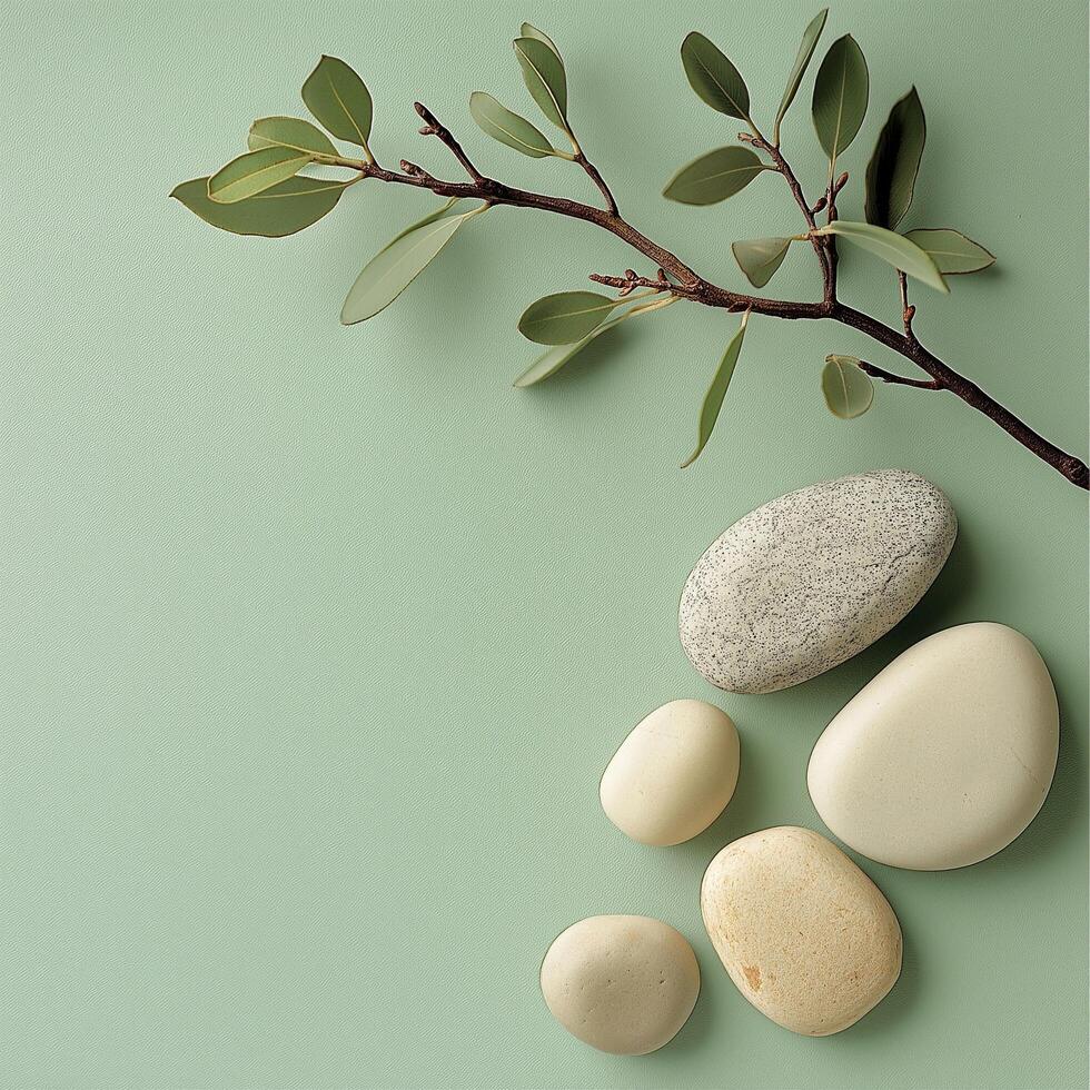 A minimalist and serene composition featuring smooth light-colored stones and a delicate leafy branch on a soft green background, evoking calmness, nature, and simplicity photo