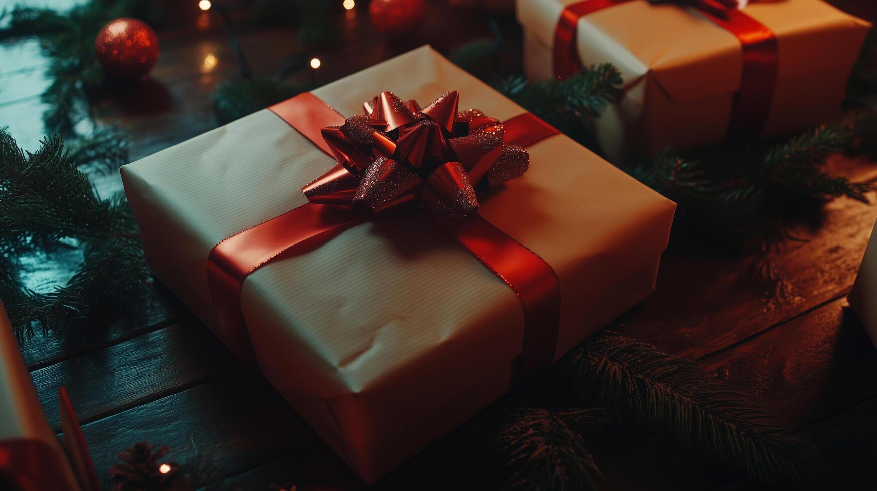 Close-up of a Christmas gift wrapped in beige paper with a shiny red bow, surrounded by pine branches and soft holiday lights on a dark wooden background, creating a cozy festive atmosphere photo