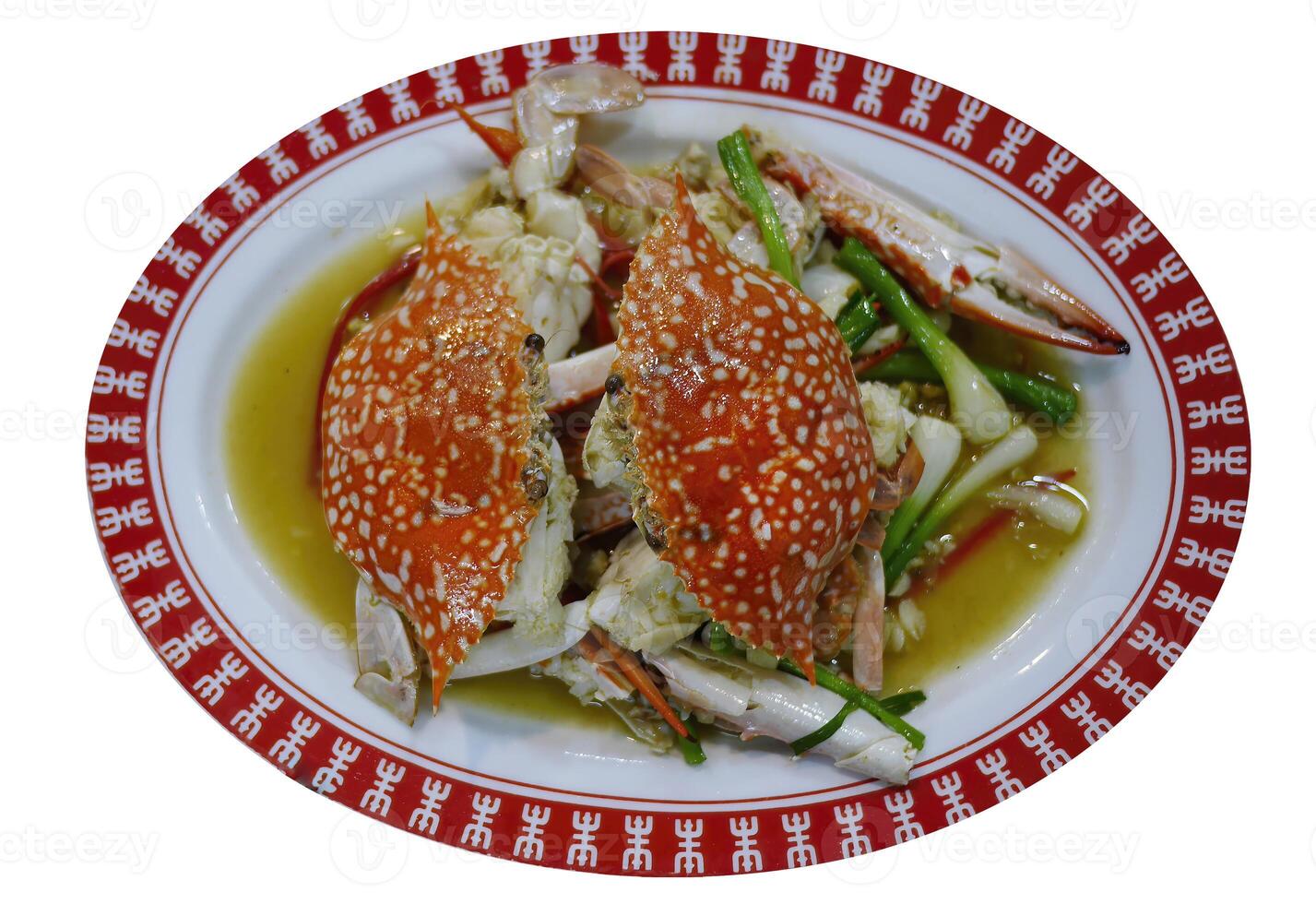 Stir Fried Blue swimming crabs with spring onion and celery Chinese wok style in oval shape plate, old style seafood menu with clipping path photo