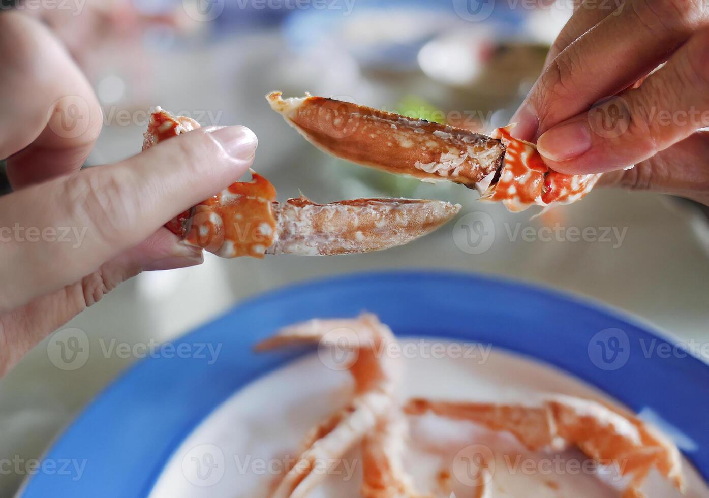 Female hand holding steamed peeled blue swimming crab leg, enjoying seafood meal with friends in local Thai restaurant, with blurred background photo