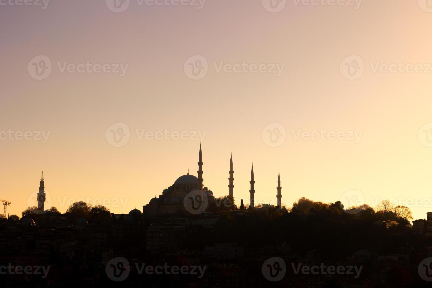 Suleymaniye Mosque view at sunset with copy space for text photo