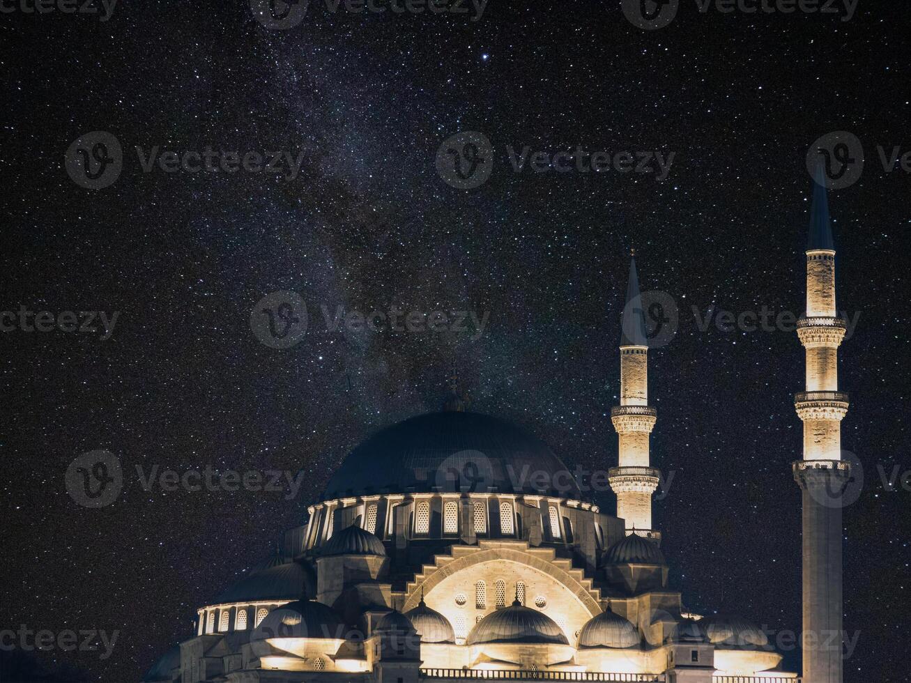 Suleymaniye Mosque view with starry night sky. Islamic or ramadan concept photo